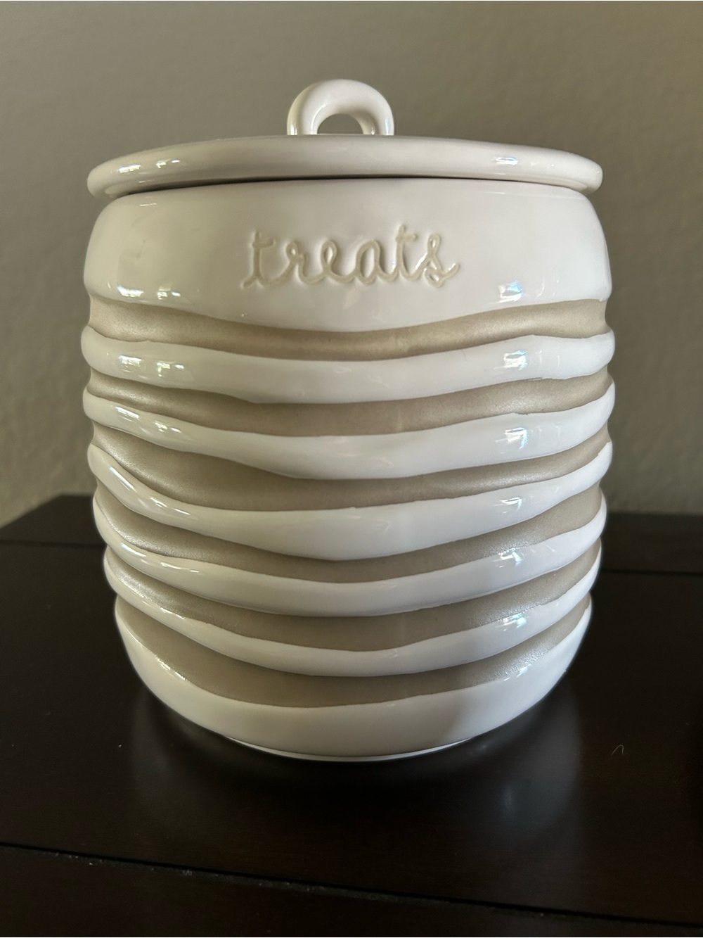 Rae Dunn White and Taupe 'treats' Ribbed Ceramic Canister- Treats Canister